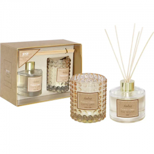 Factory direct Fresh linen Amber Sandalwood embossed candle glass reed diffuser business gift set with packaging